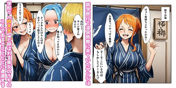 ハーレム温泉修学旅行で学園四天王美女に中出し！【ナミ・ロビン・ビビ・ハ〇コック】 画像1